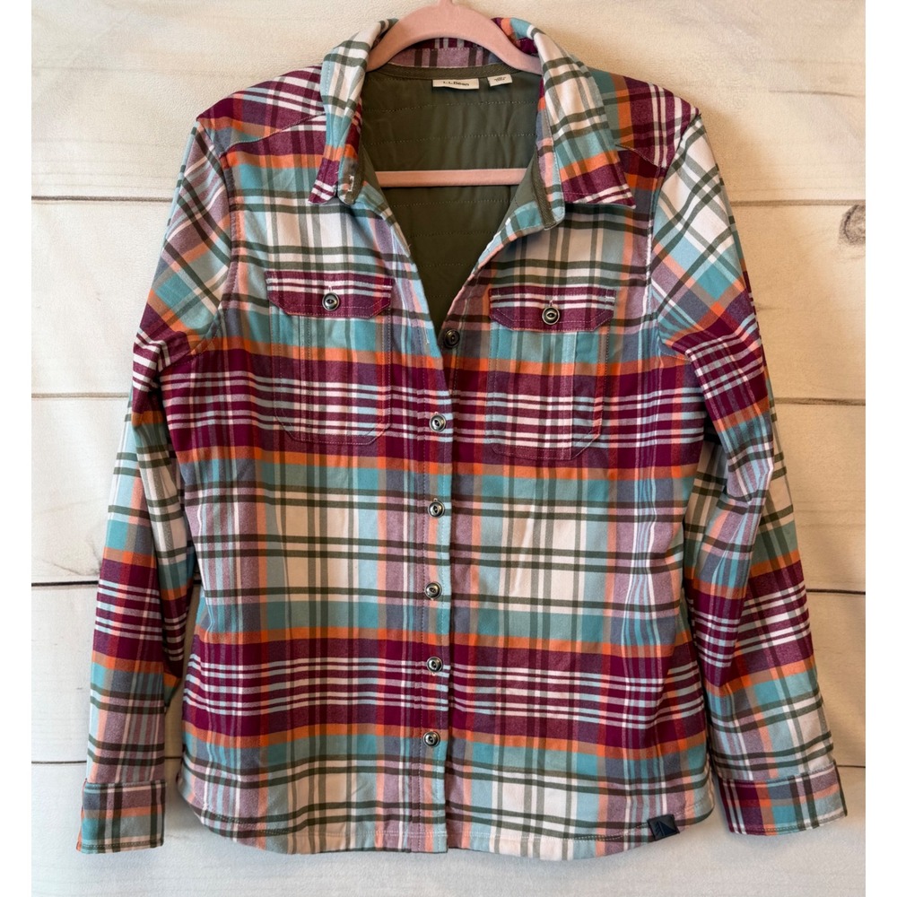 LL Bean PrimaLoft Insulated Shirt Jacket Womens Small Plaid Flannel 501128